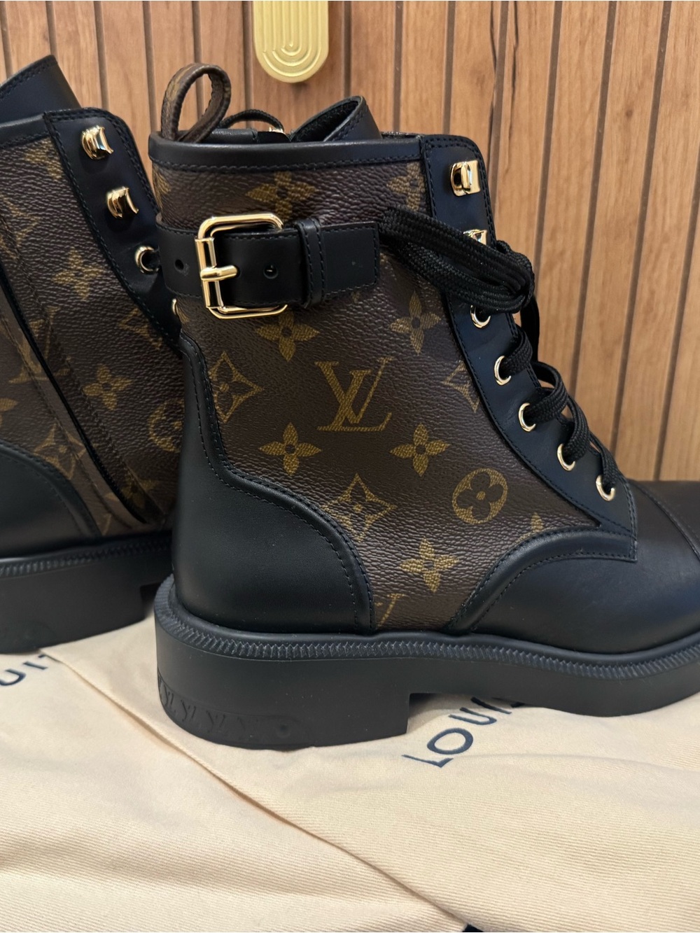 Louis Vuitton Black & Brown Monogram Lace-Up Combat Boots - Women's - Picture 6 of 12